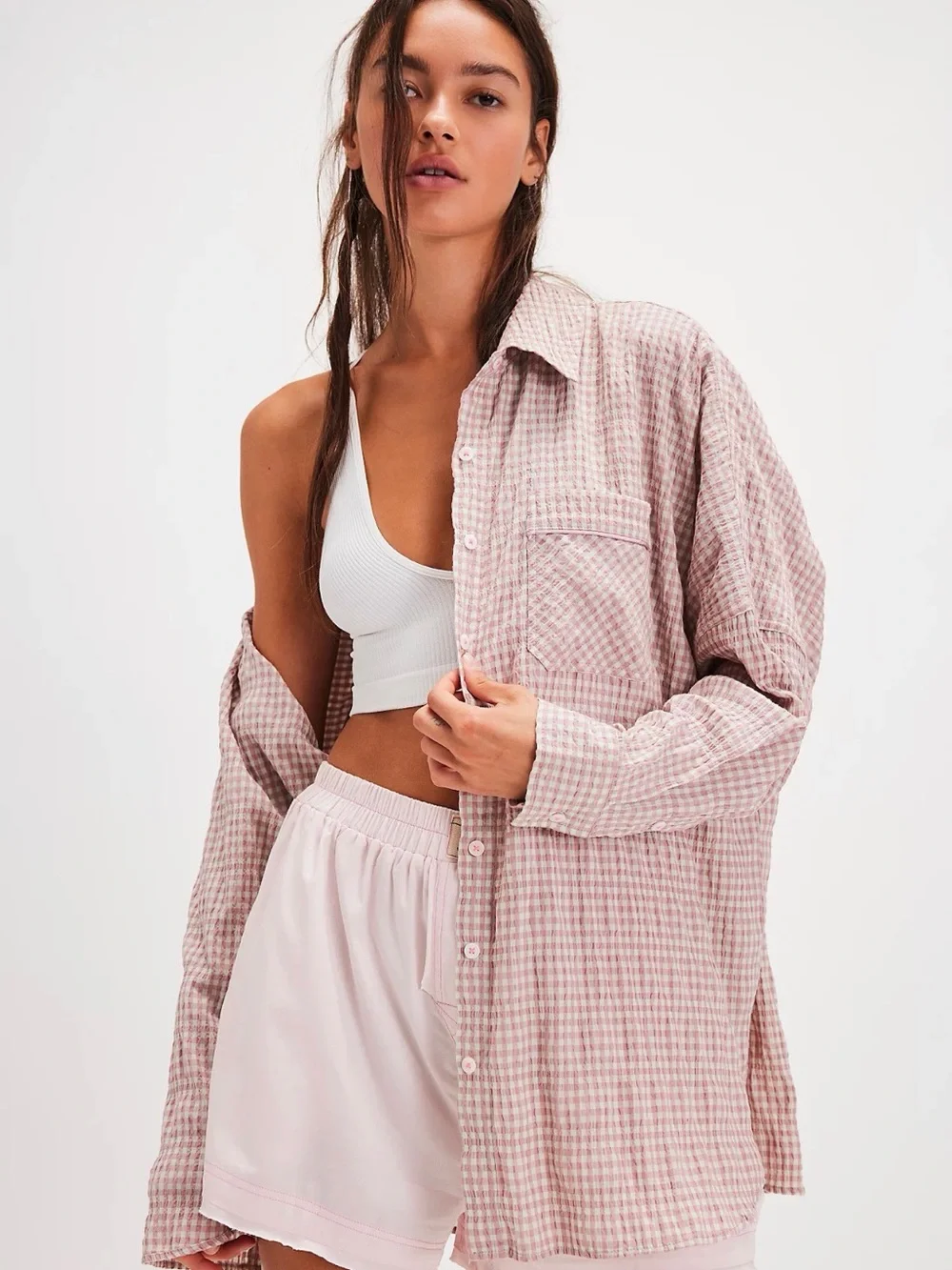 Free People Lilac Gingham Oversized Button-Up Shirt - Picture 1 of 2